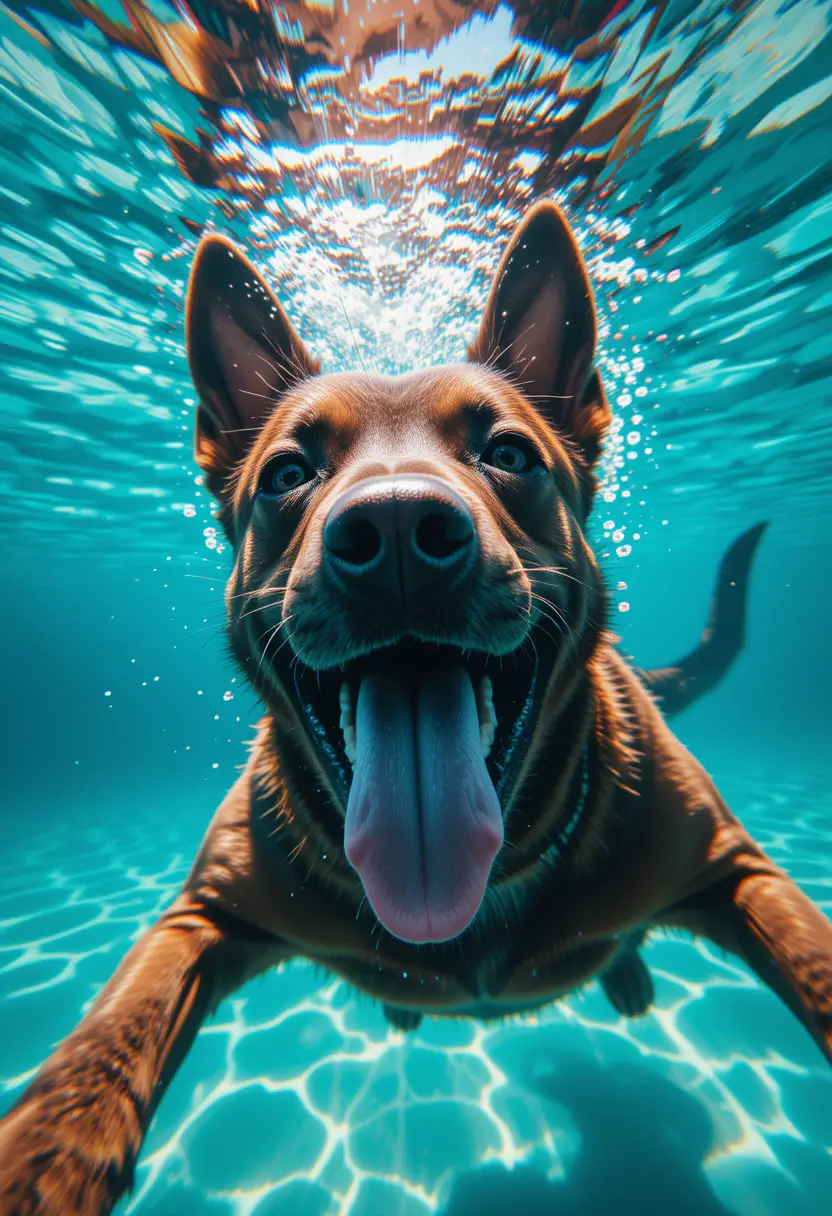 Happy malinois dog swimming underwater toward camera