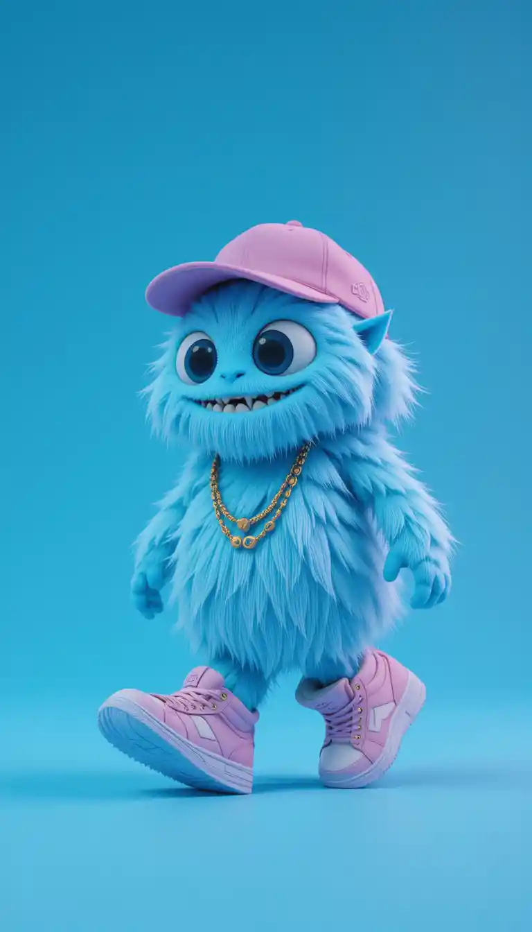 Adorable monstre bleu avec casquette rose et baskets imposantes