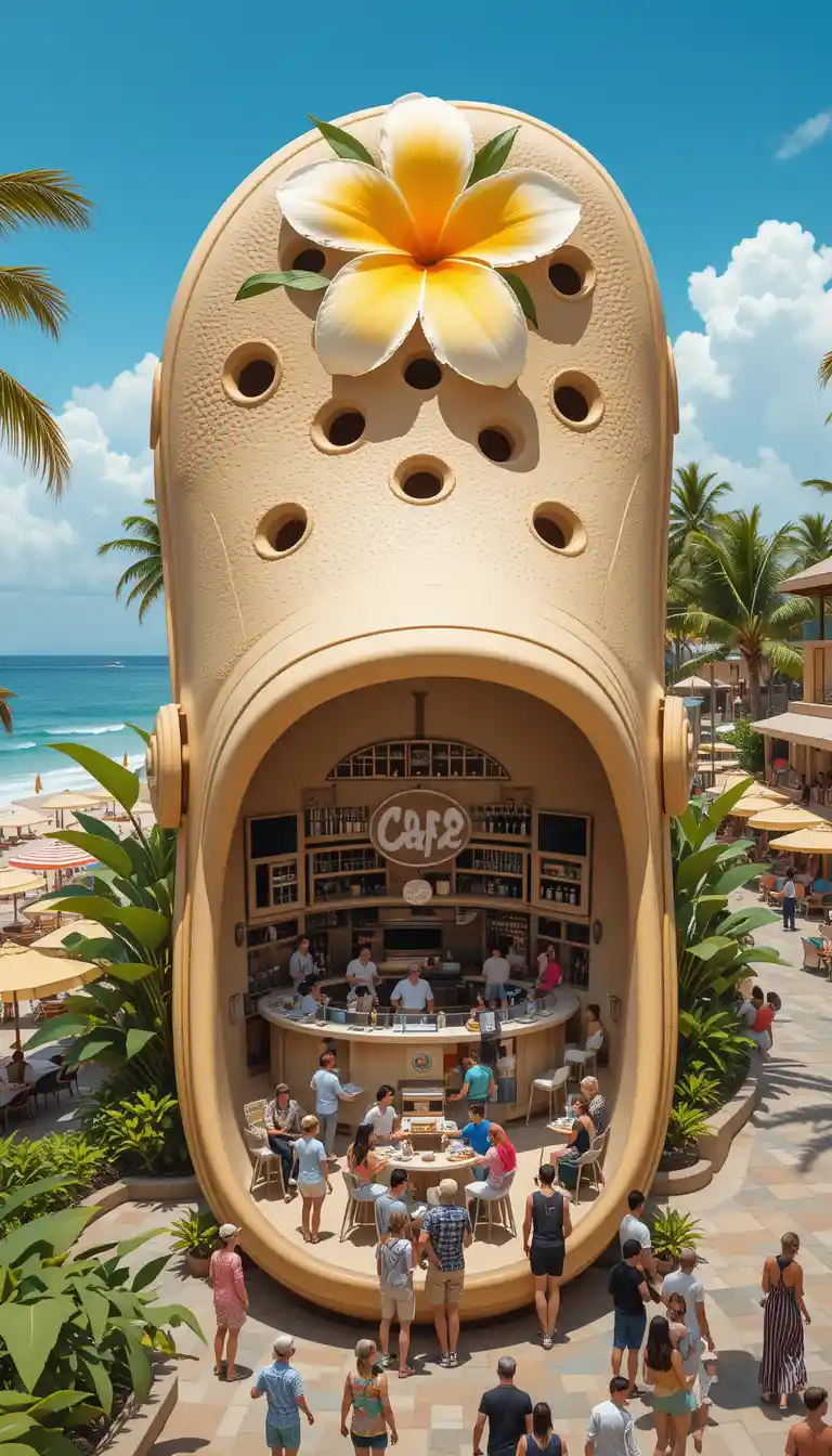 Outdoor beach cafe shaped like a giant crocs sandal