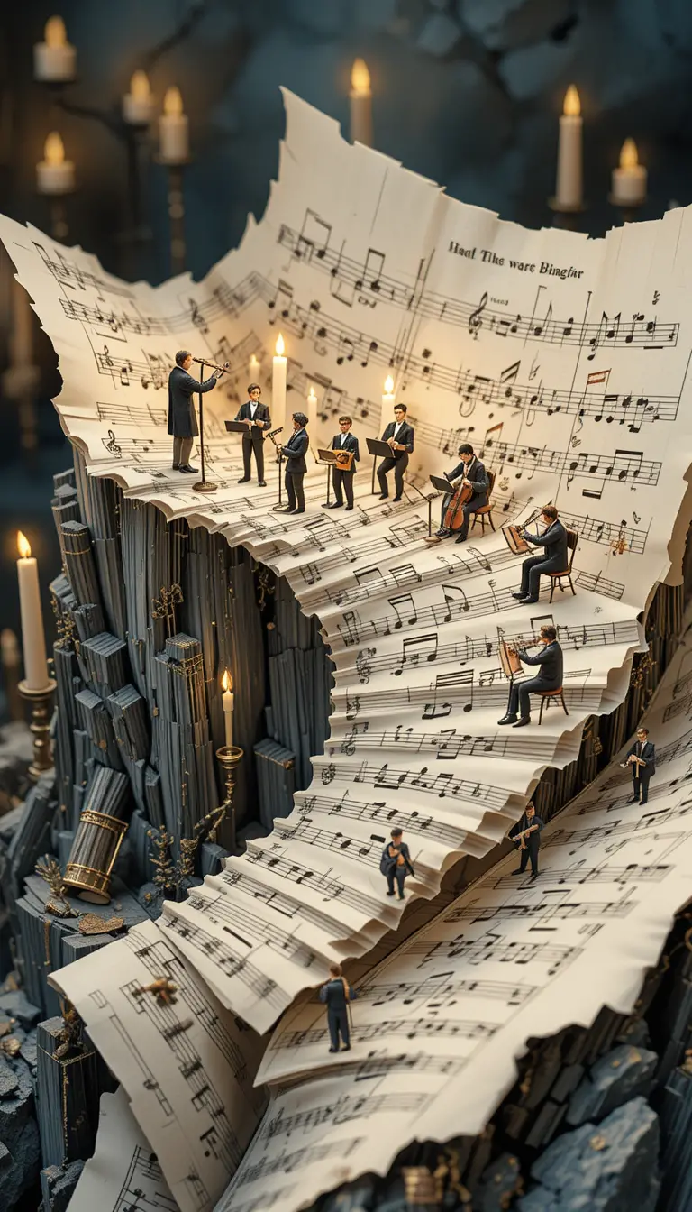 Miniature orchestra performing on curling musical sheet