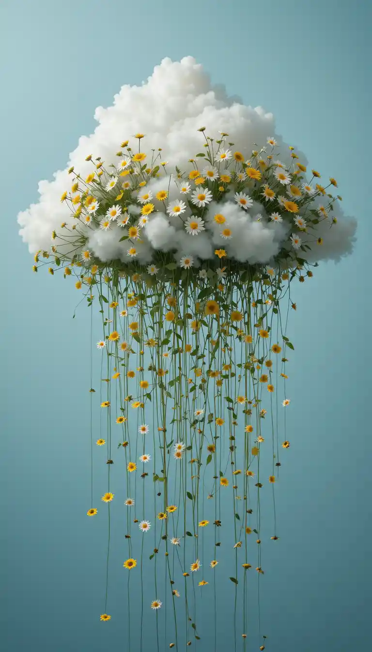 Surreal cloud of blooming flowers in studio portrait