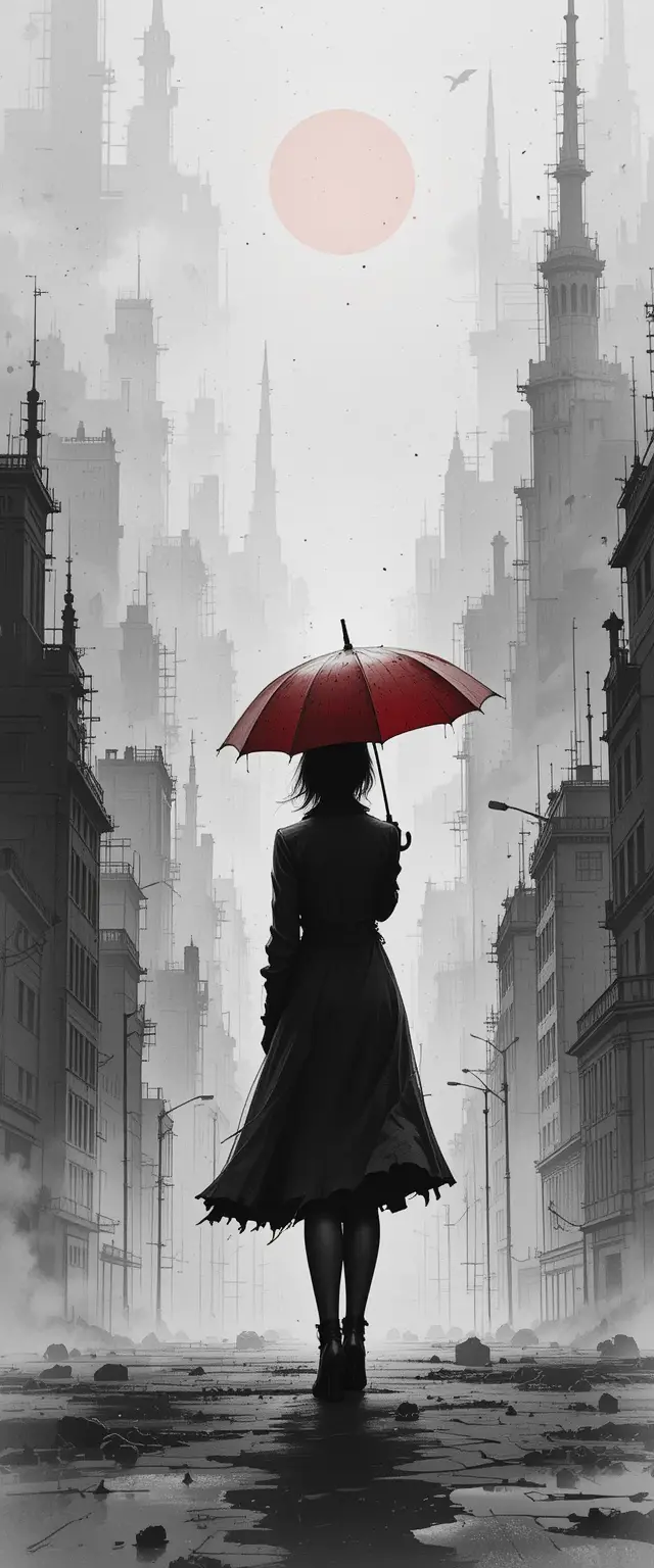 Woman With Red Umbrella In Monochrome Surreal Cityscape
