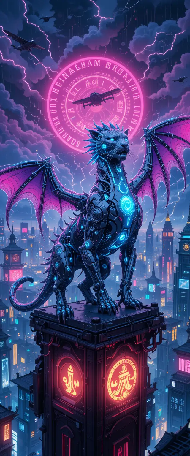 Cybernetic Dragon Beast Above Neon Cyberpunk City