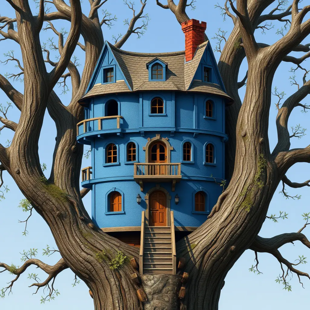 Blue medieval treehouse built inside a giant tree