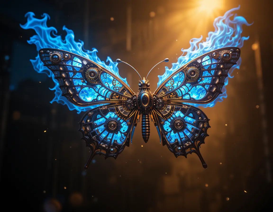 Clockwork steampunk butterfly with blazing blue flame wings