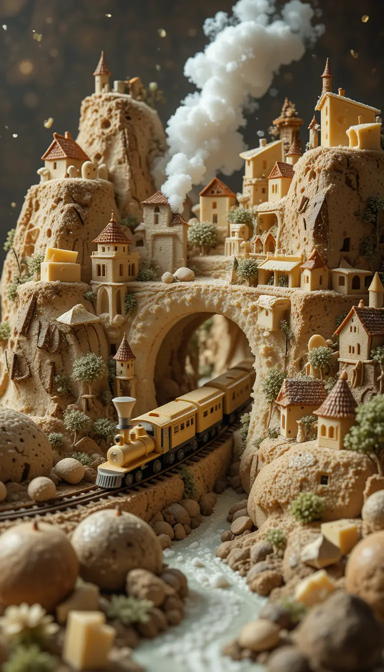 Tiny countryside train town carved into a rustic bread loaf