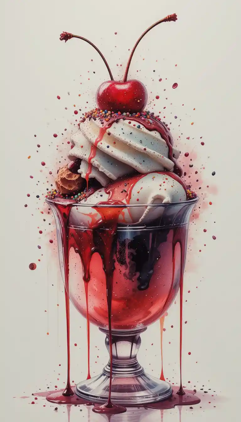 Cherry sundae dripping with syrup and sprinkles
