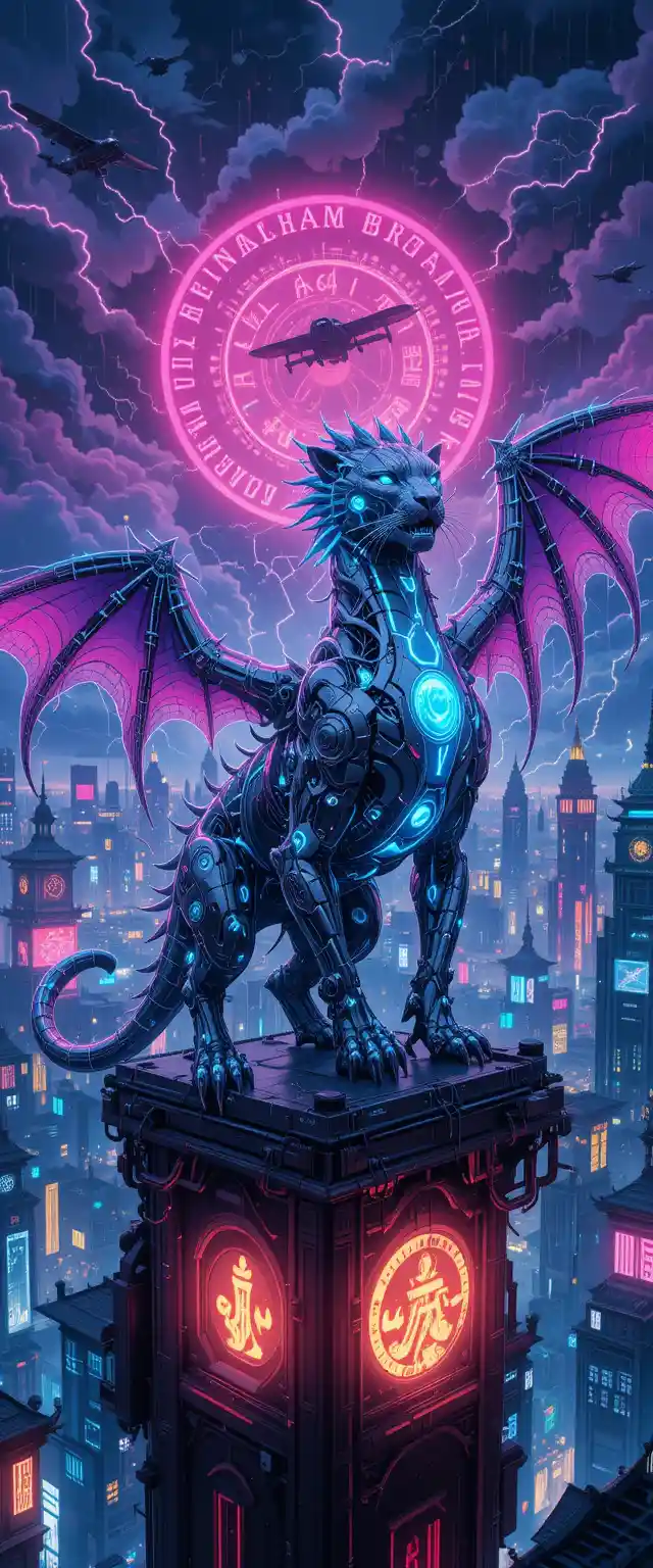 Cybernetic Dragon Beast Above Neon Cyberpunk City