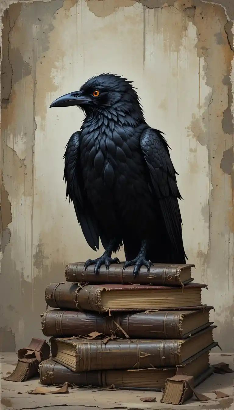 Black raven resting on worn leather books in digital art
