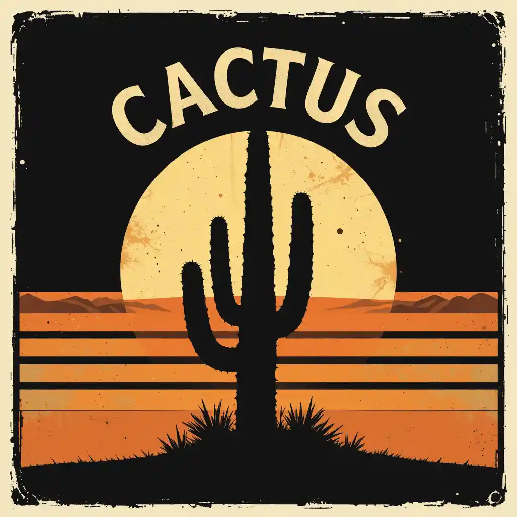 Silhouette vintage de cactus devant un soleil rétro à rayures et aux couleurs audacieuses