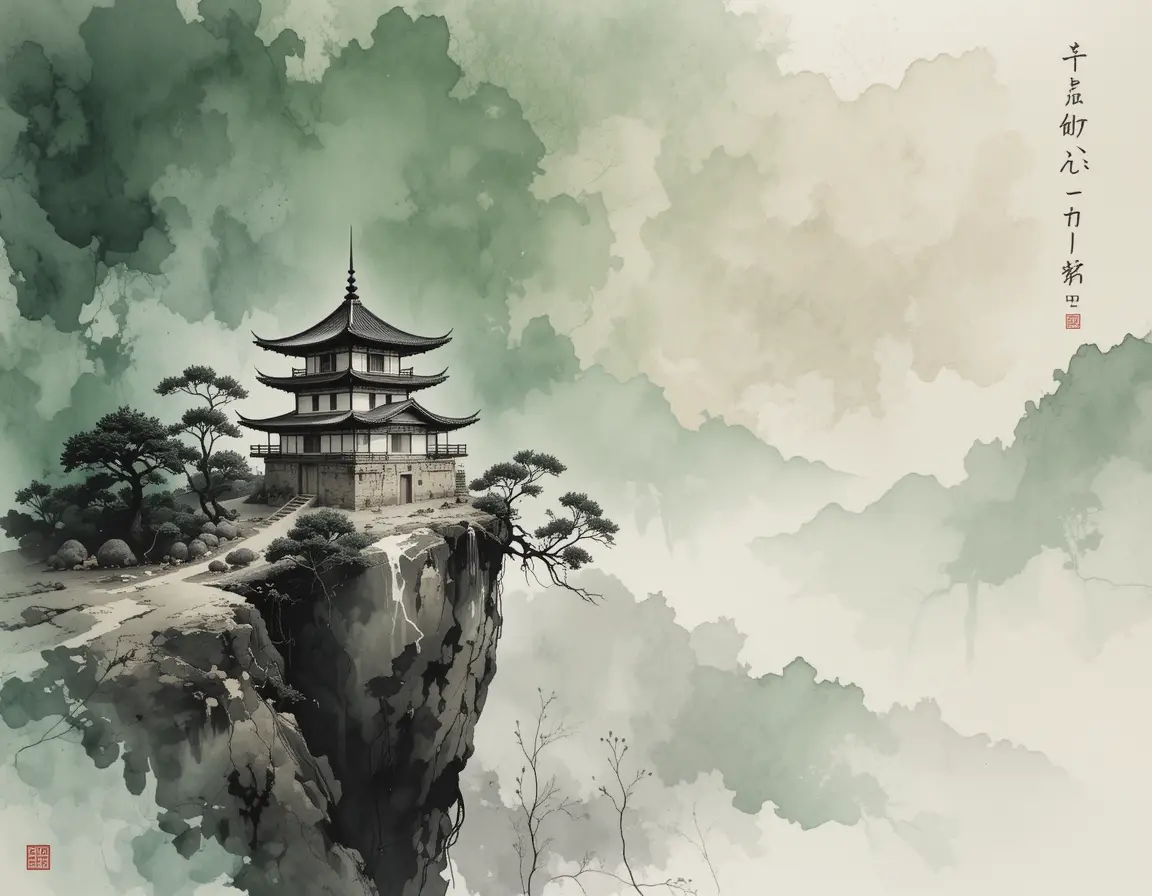 Japanese ink wash painting of cliffside teahouse
