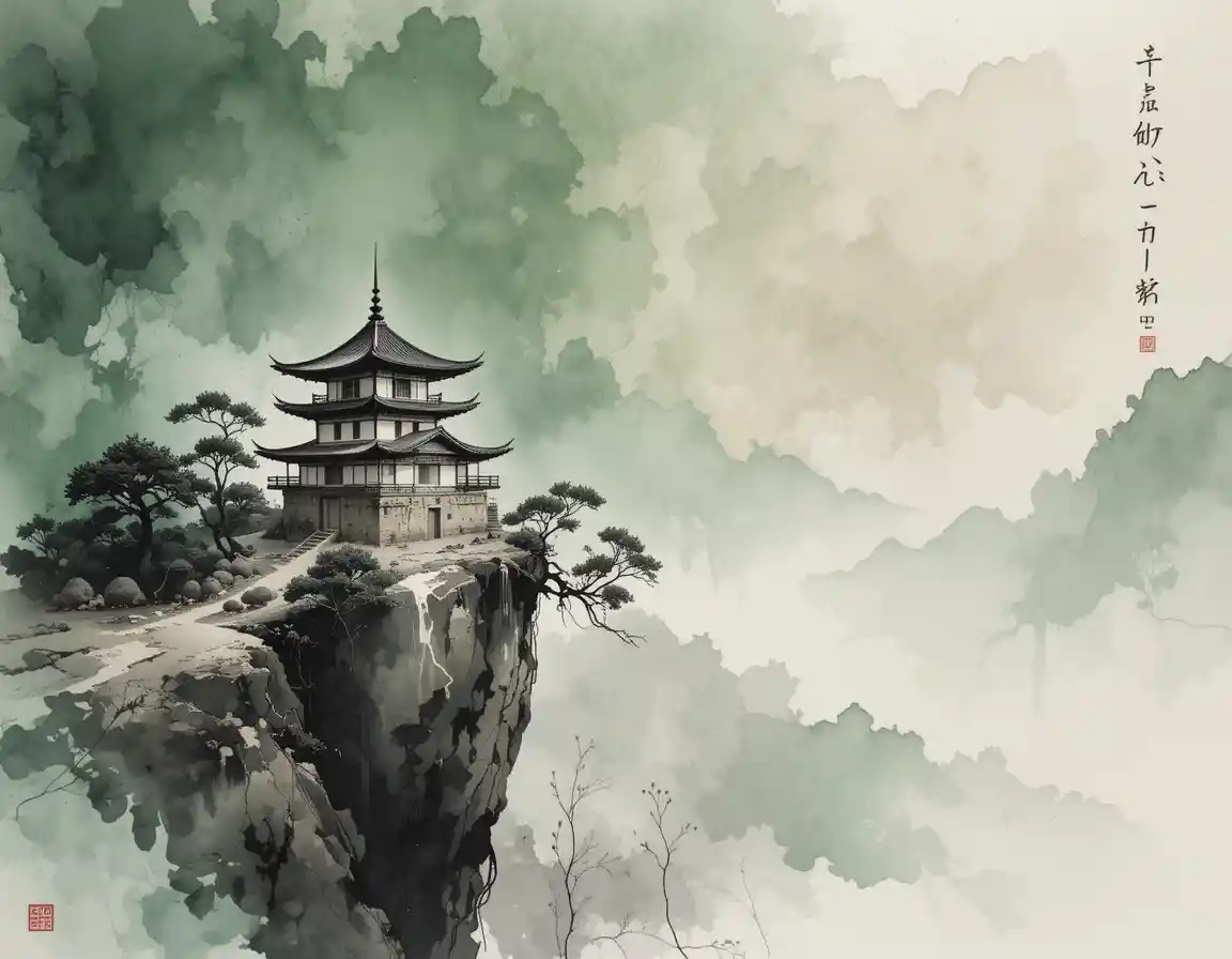 Peinture japonaise à l’encre d’une maison de thé au bord de la falaise