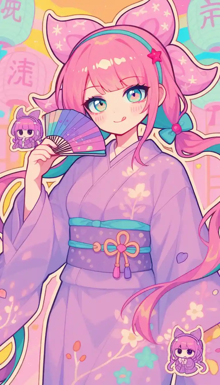 Playful anime girl portrait in pastel kawaii decora style