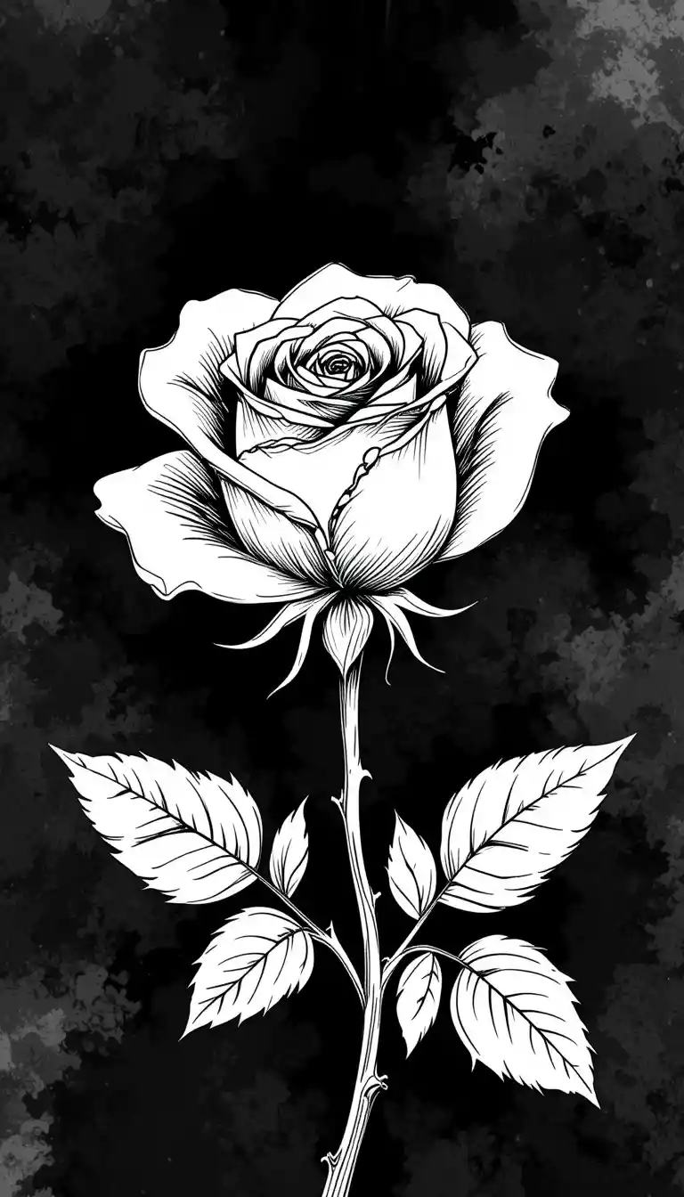 White Rose Line Drawing On Dark Smoky Background