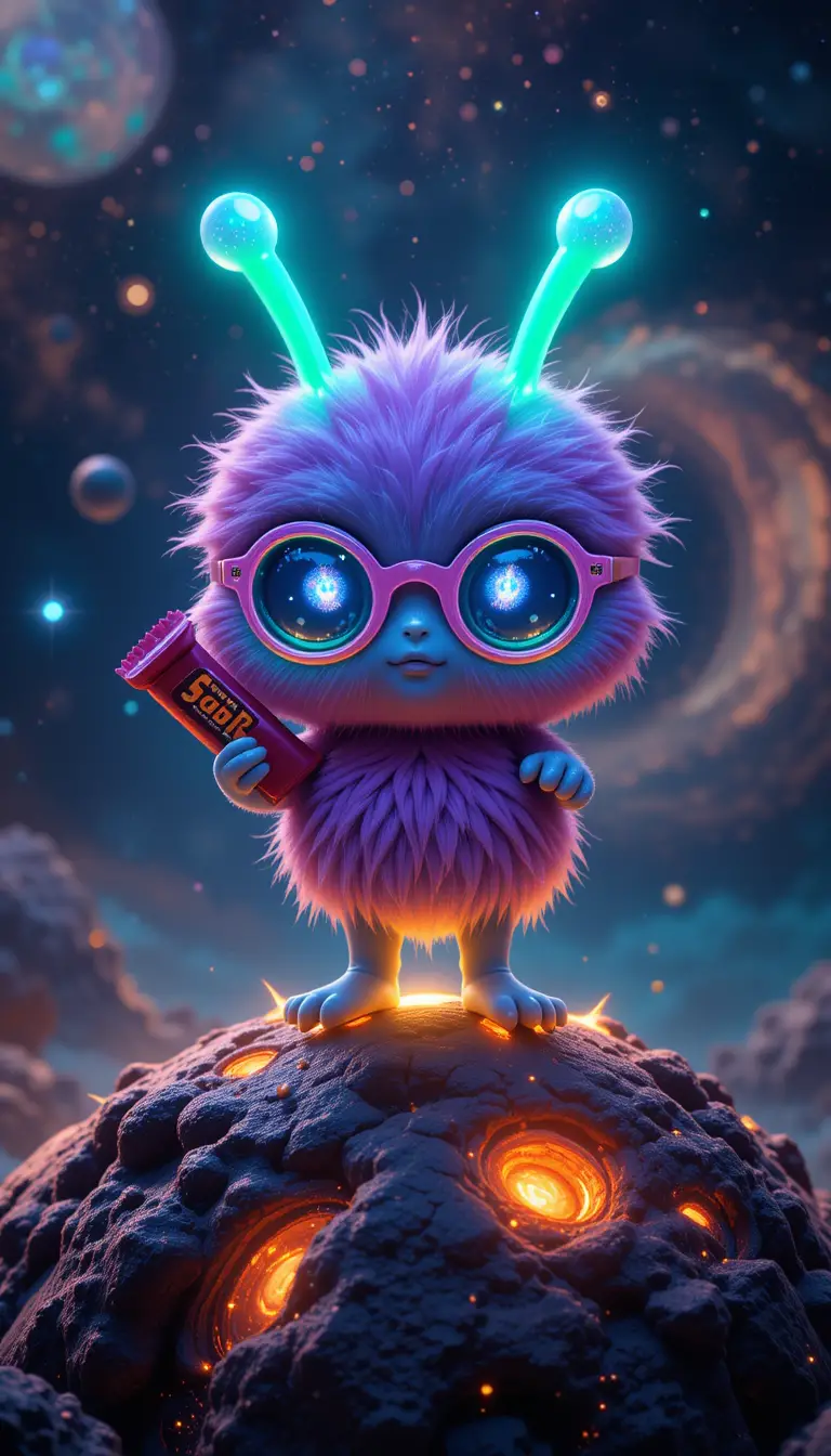 Cute alien toy creature on glowing asteroid in space