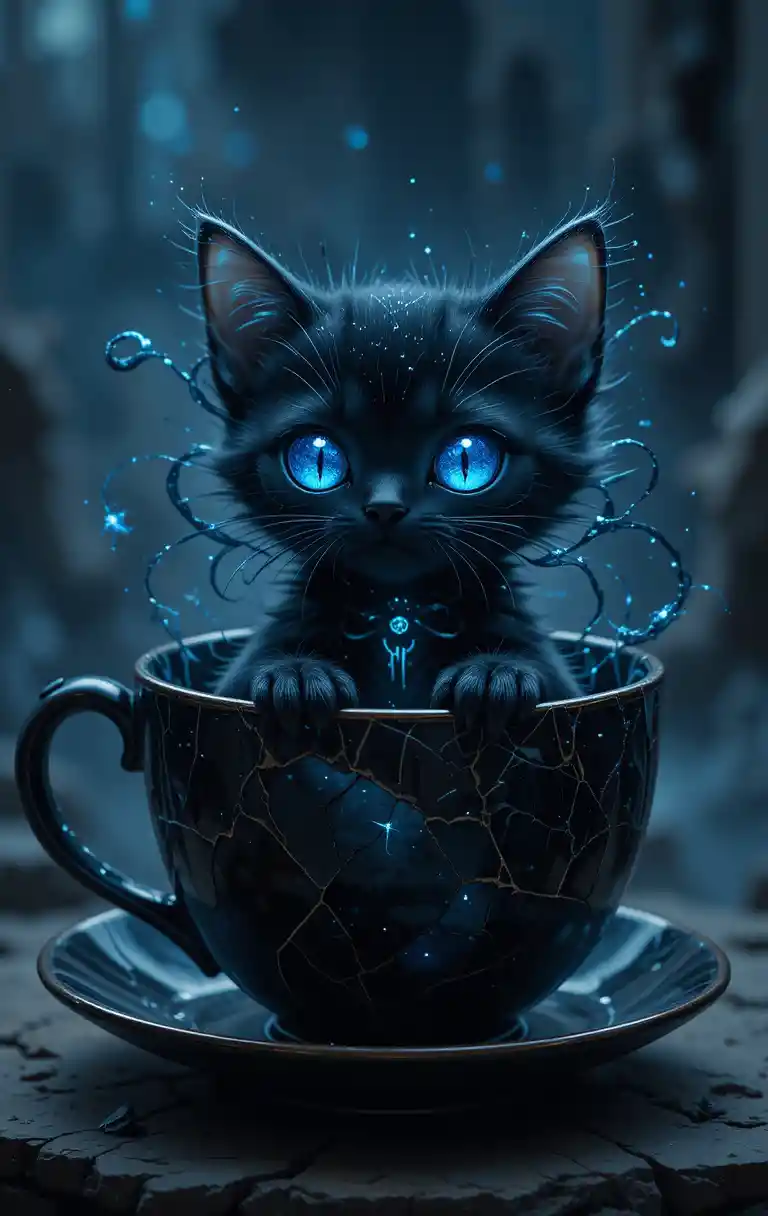 Voidspawn kitten in cracked obsidian teacup with galaxy eyes