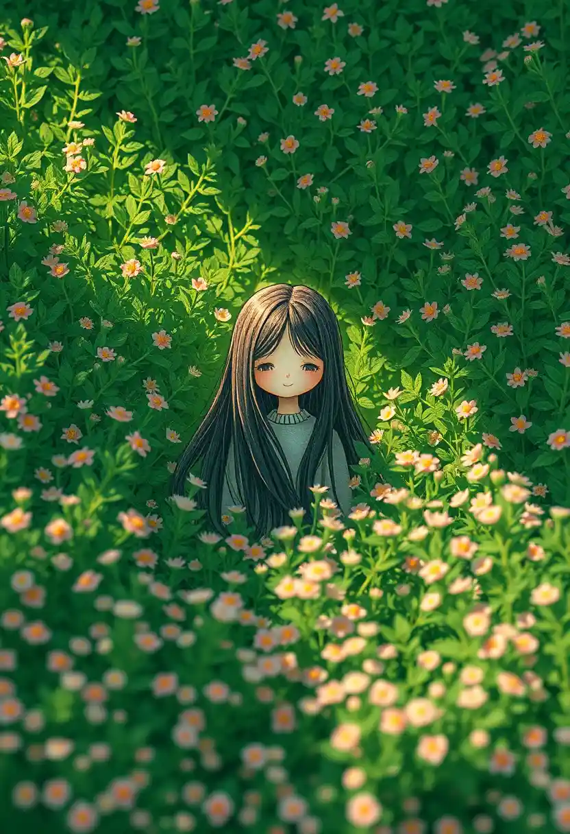 Tiny girl in glowing flower sea illustration