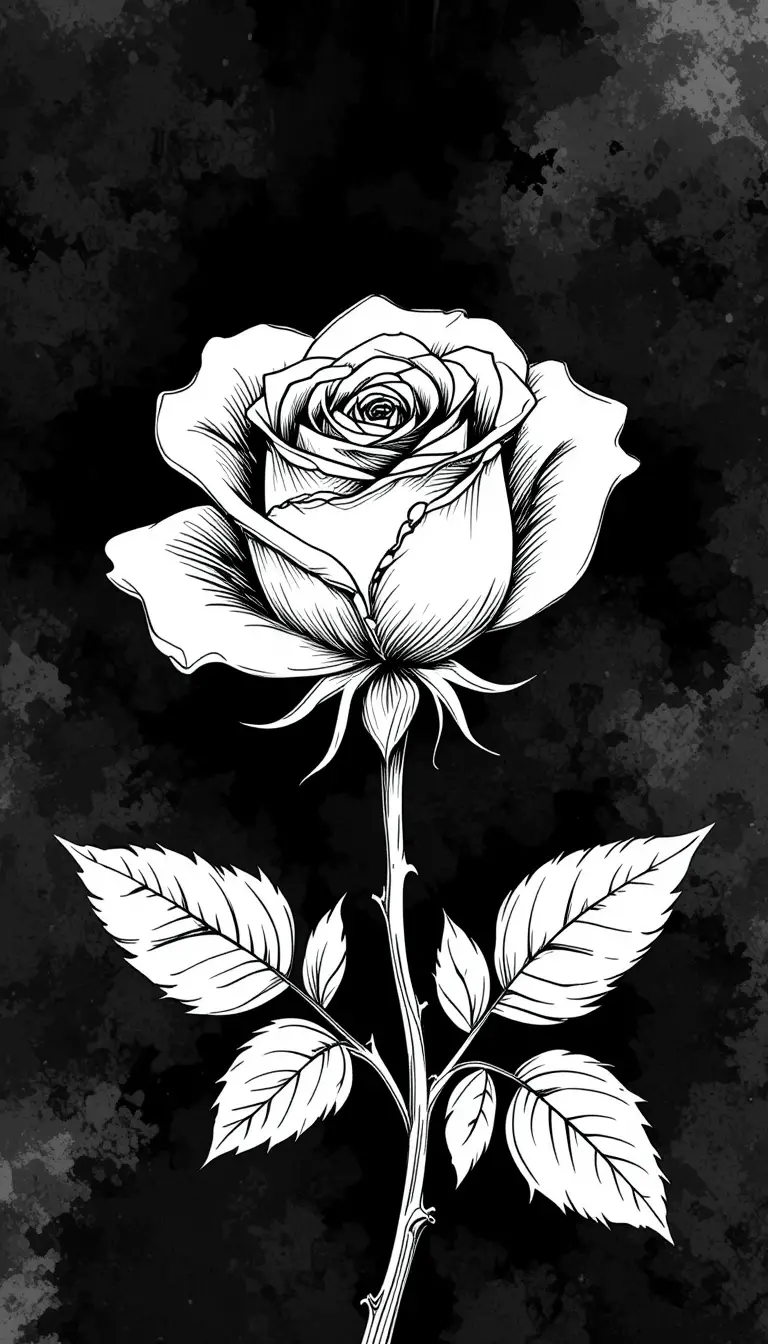 White Rose Line Drawing On Dark Smoky Background