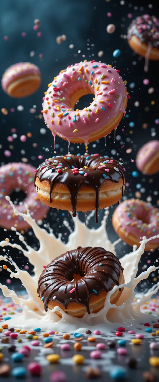 Colorful donuts splashing through milk in mid air