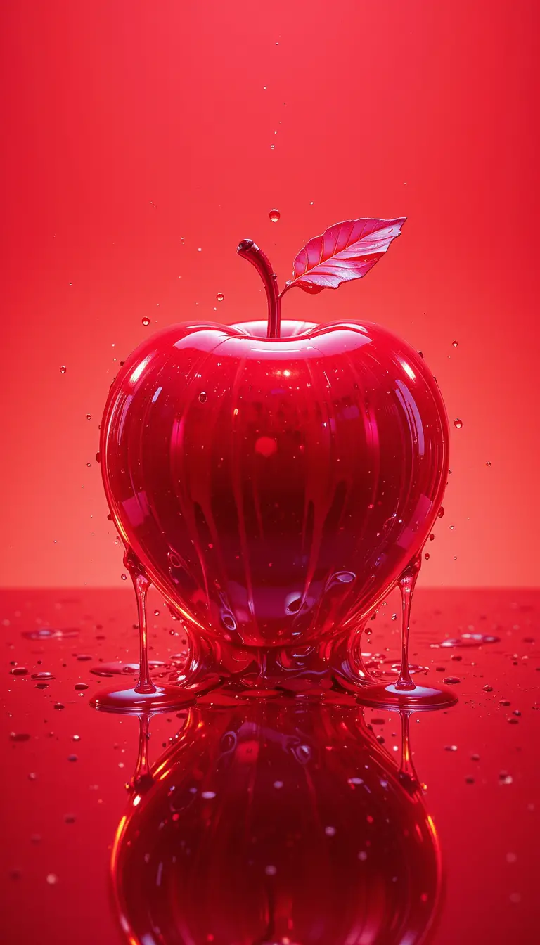 Glossy neon red apple on abstract studio background