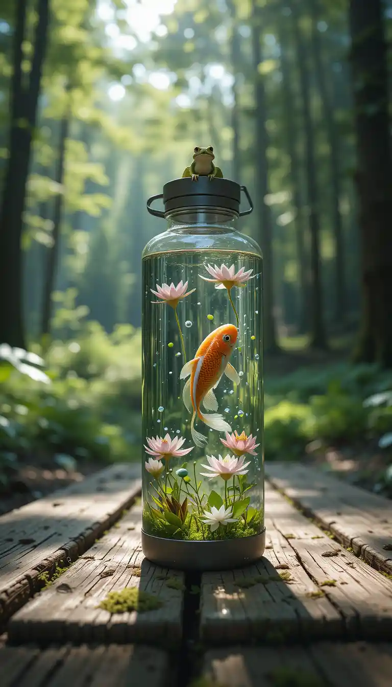 Thermos Aquarium On Wooden Picnic Table In Forest Clearing