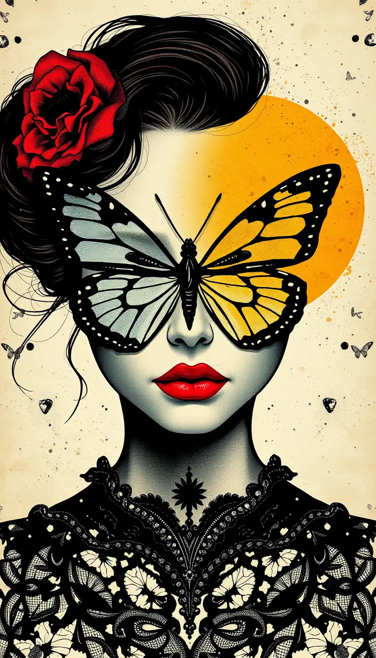 Surreal butterfly inkblot mask with hidden female face