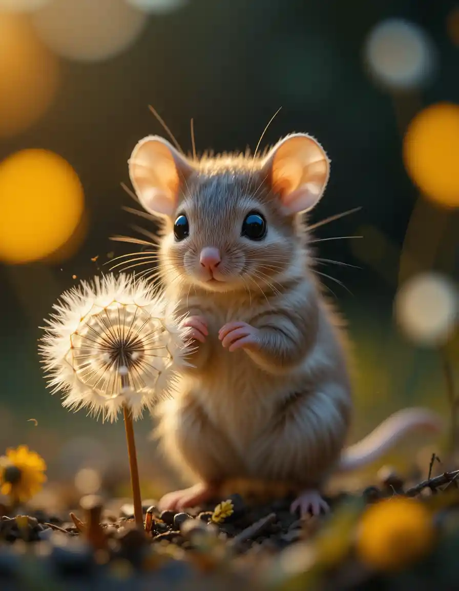 Cute tiny mouse holding a dandelion seed at sunset