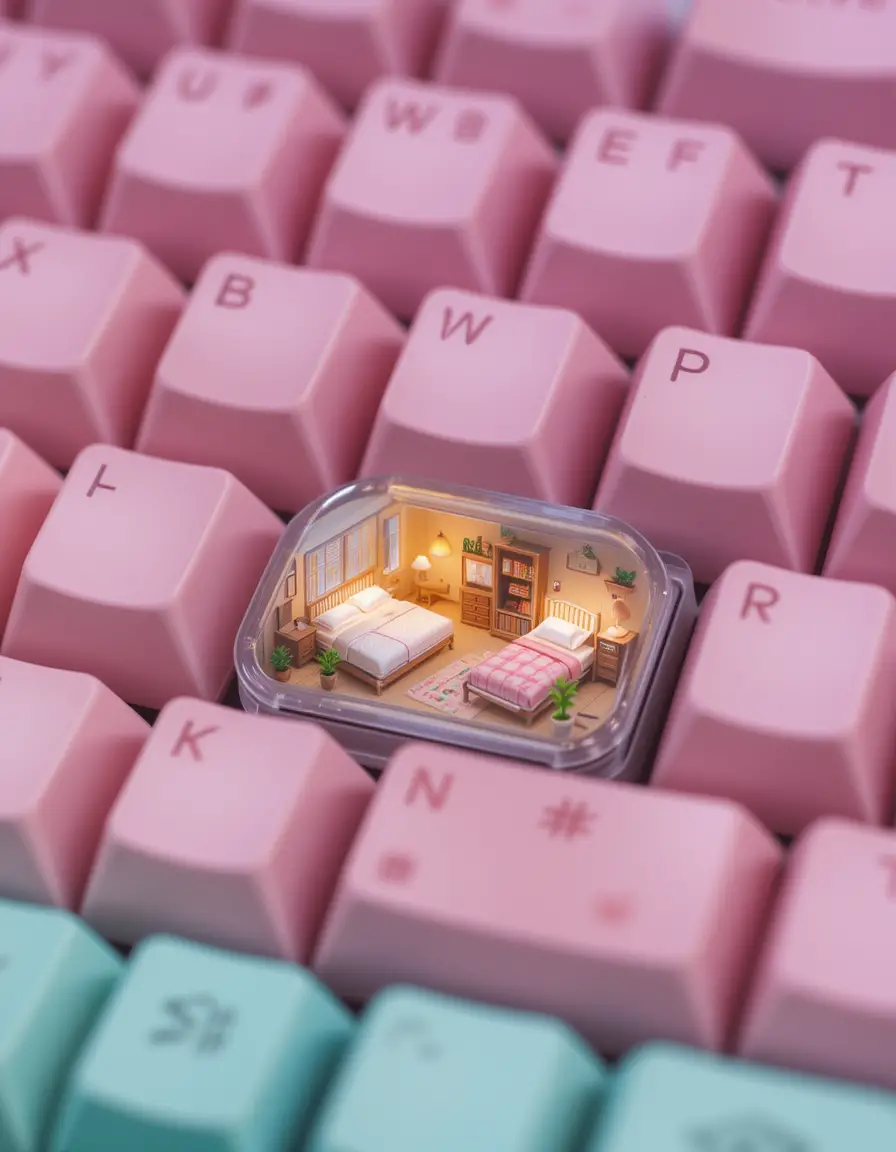 Macro view of pastel keyboard with tiny bedroom keycaps