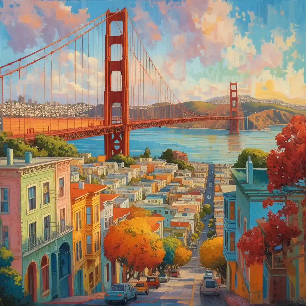 Golden Gate Bridge Over San Francisco City At Warm Sunset