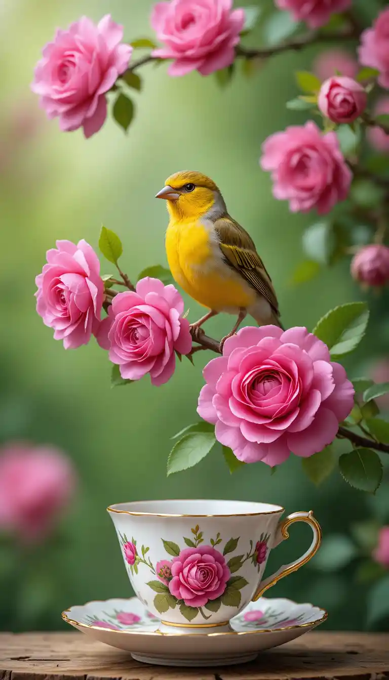 Canary On Branch With Pink Roses And Teacup