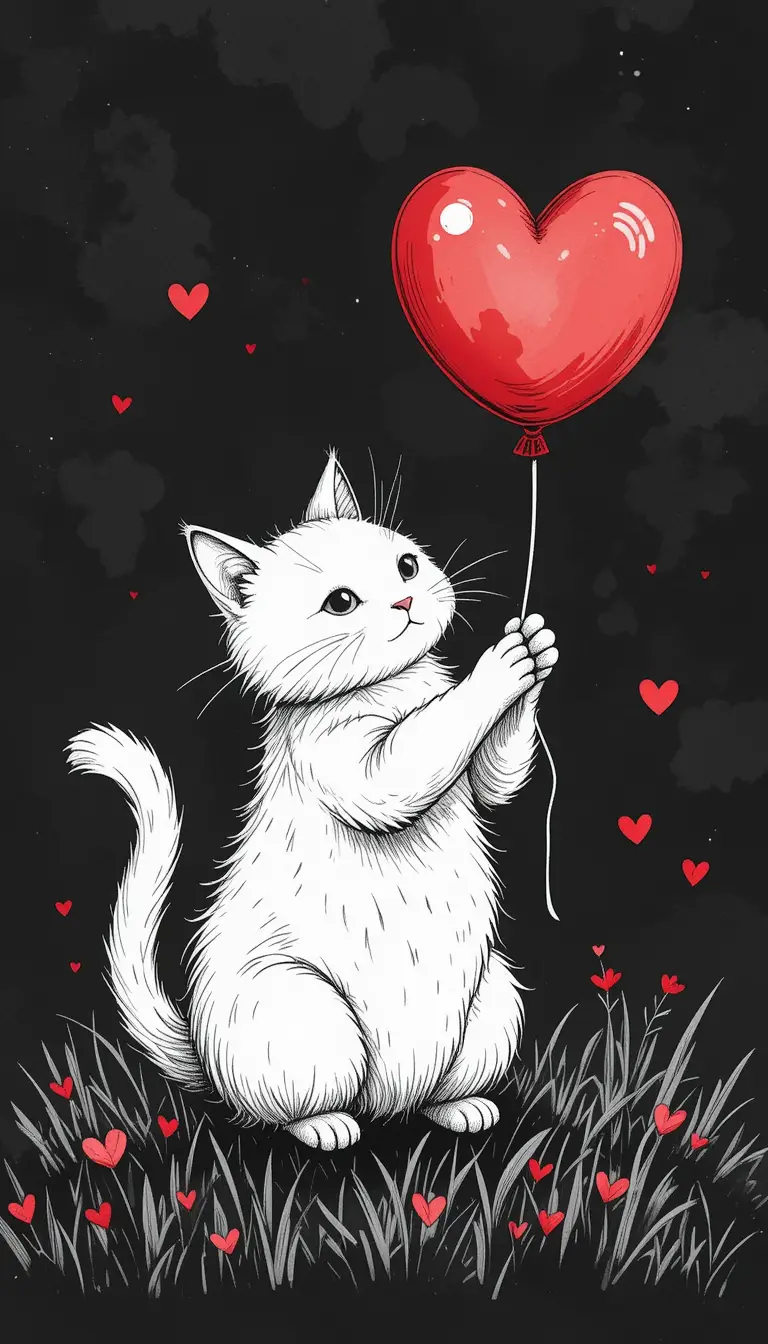 Fluffy cat holding a red heart balloon in ink