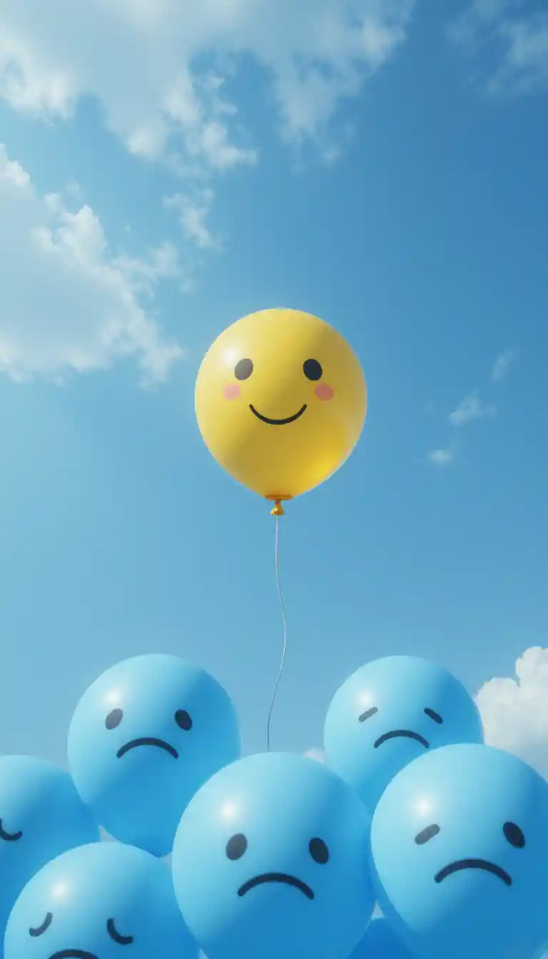 Happy yellow balloon floating above sad blue balloons
