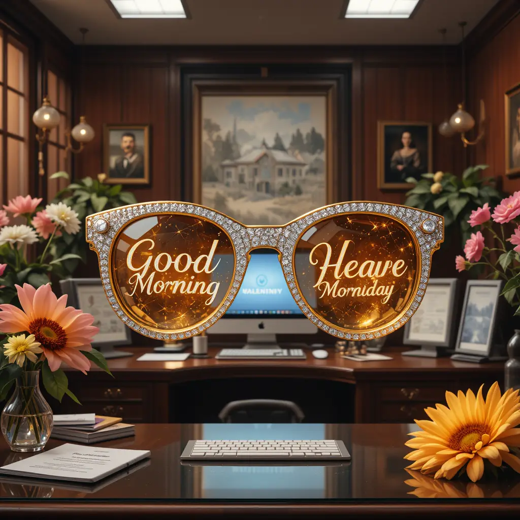 Diamond eyeglasses with good morning text in office scene