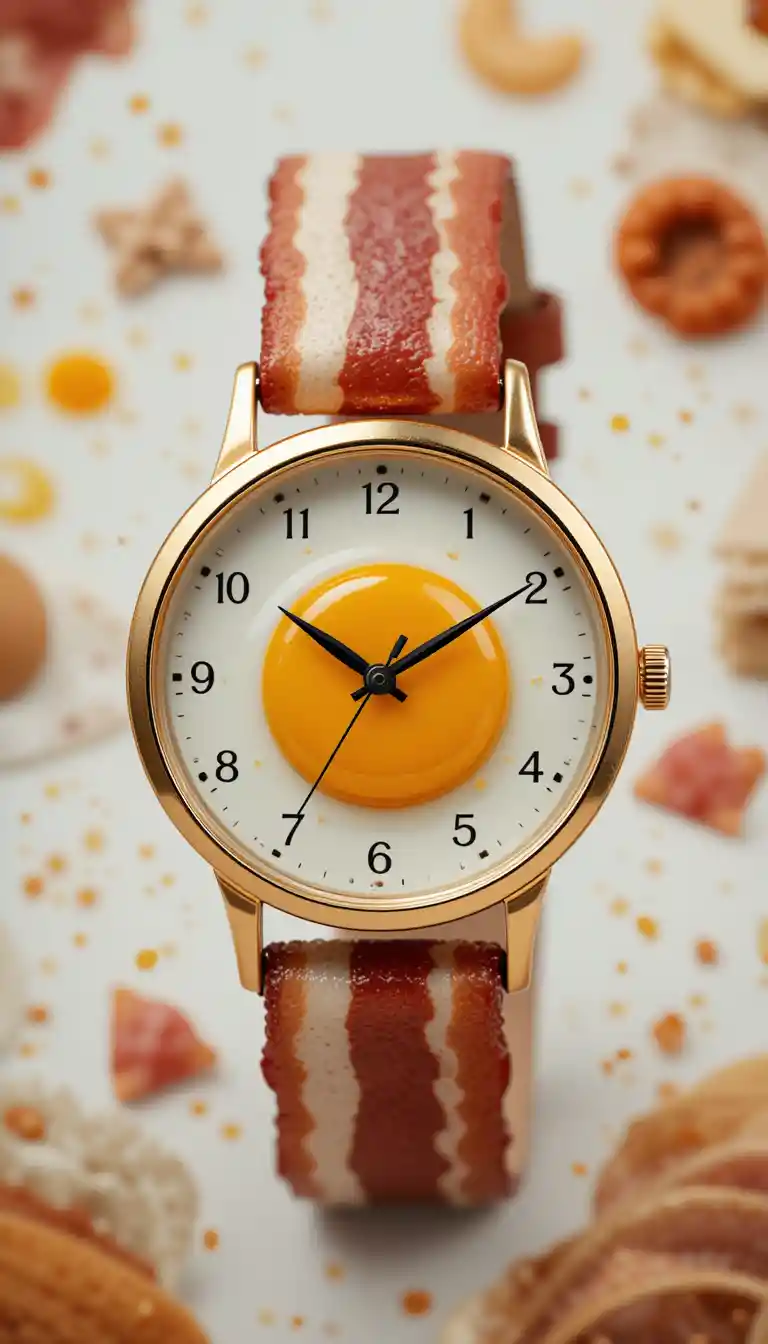 Whimsical fried egg wristwatch with bacon strap design