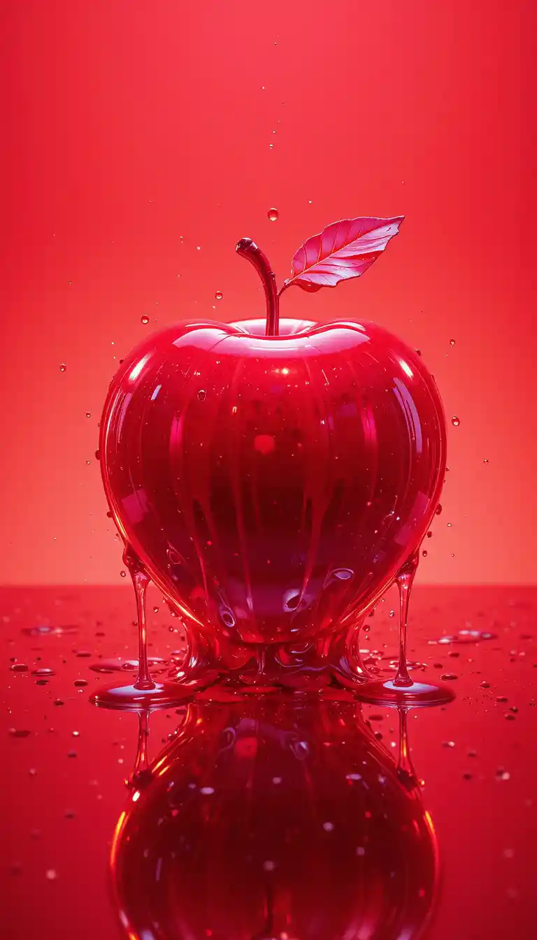 Glossy neon red apple on abstract studio background