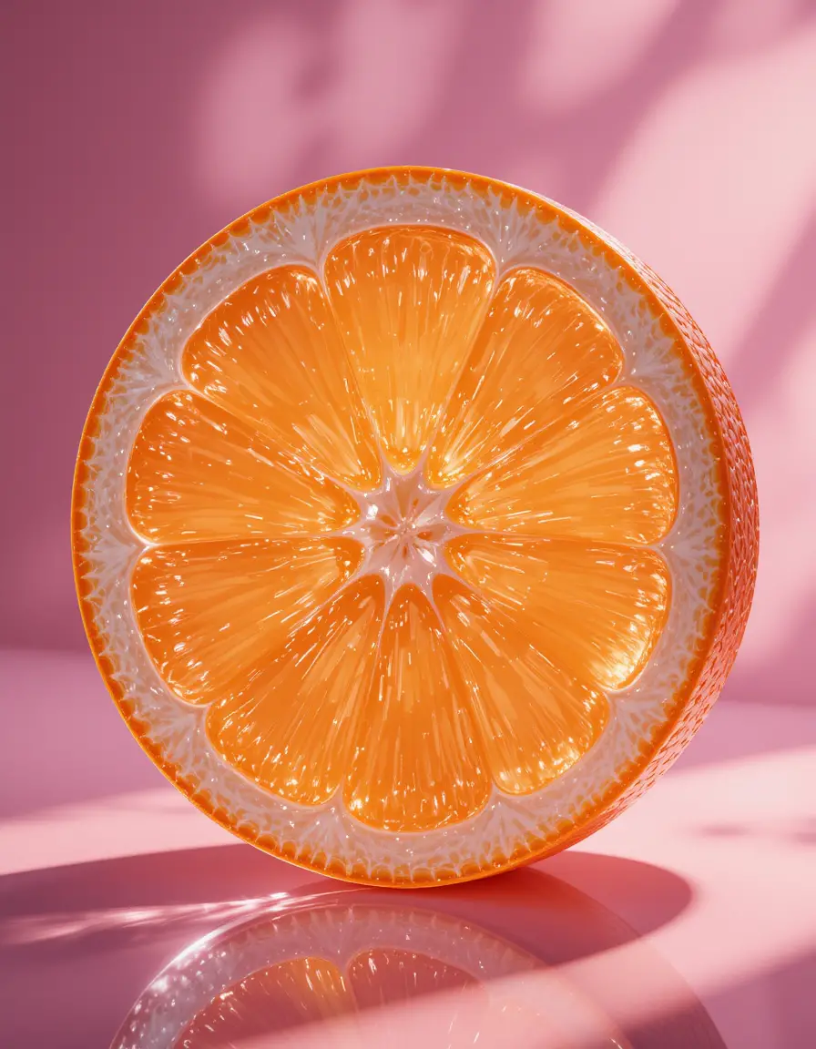 Crystal orange slice macro on pastel pink background
