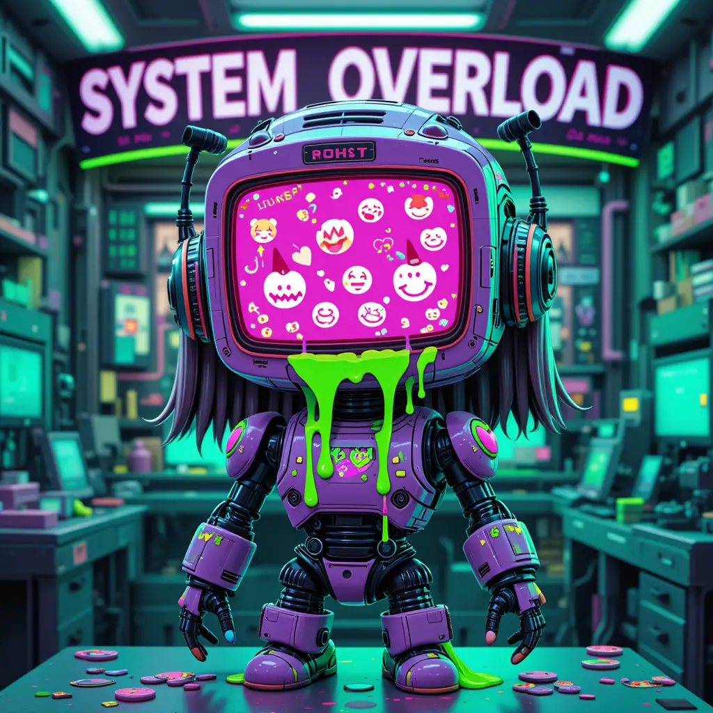 Cute robot girl in neon glitch lab with system overload