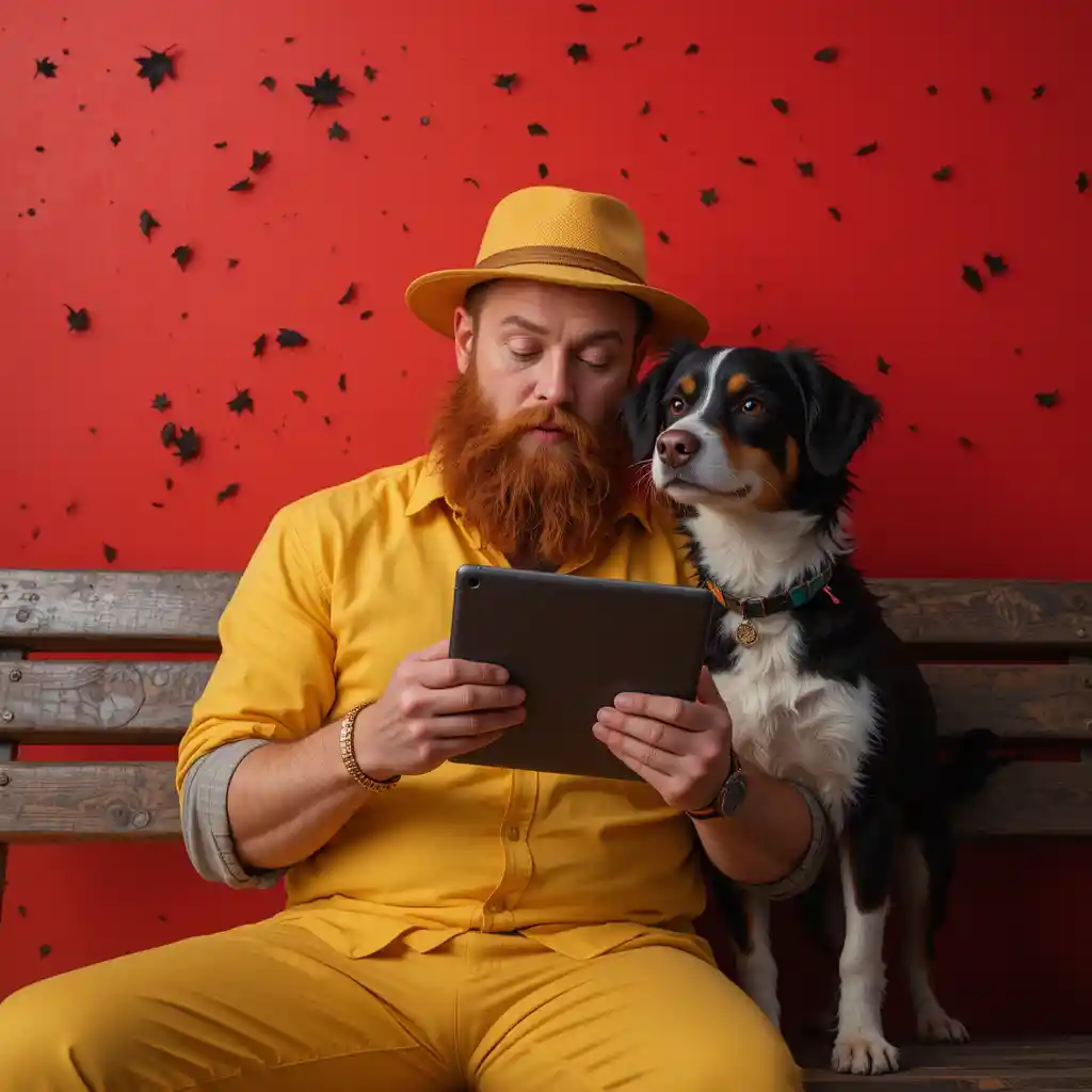 Man on bench using tablet with dog on red background