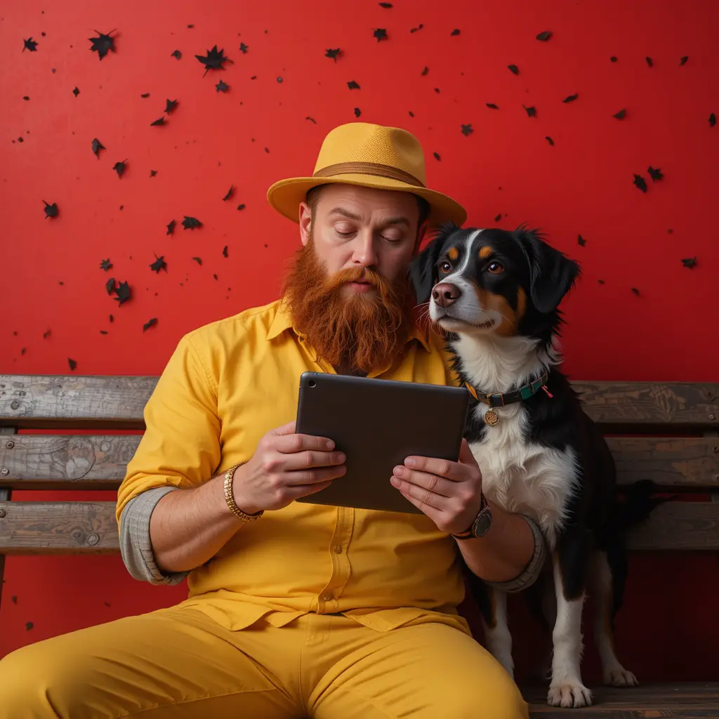 Man on bench using tablet with dog on red background