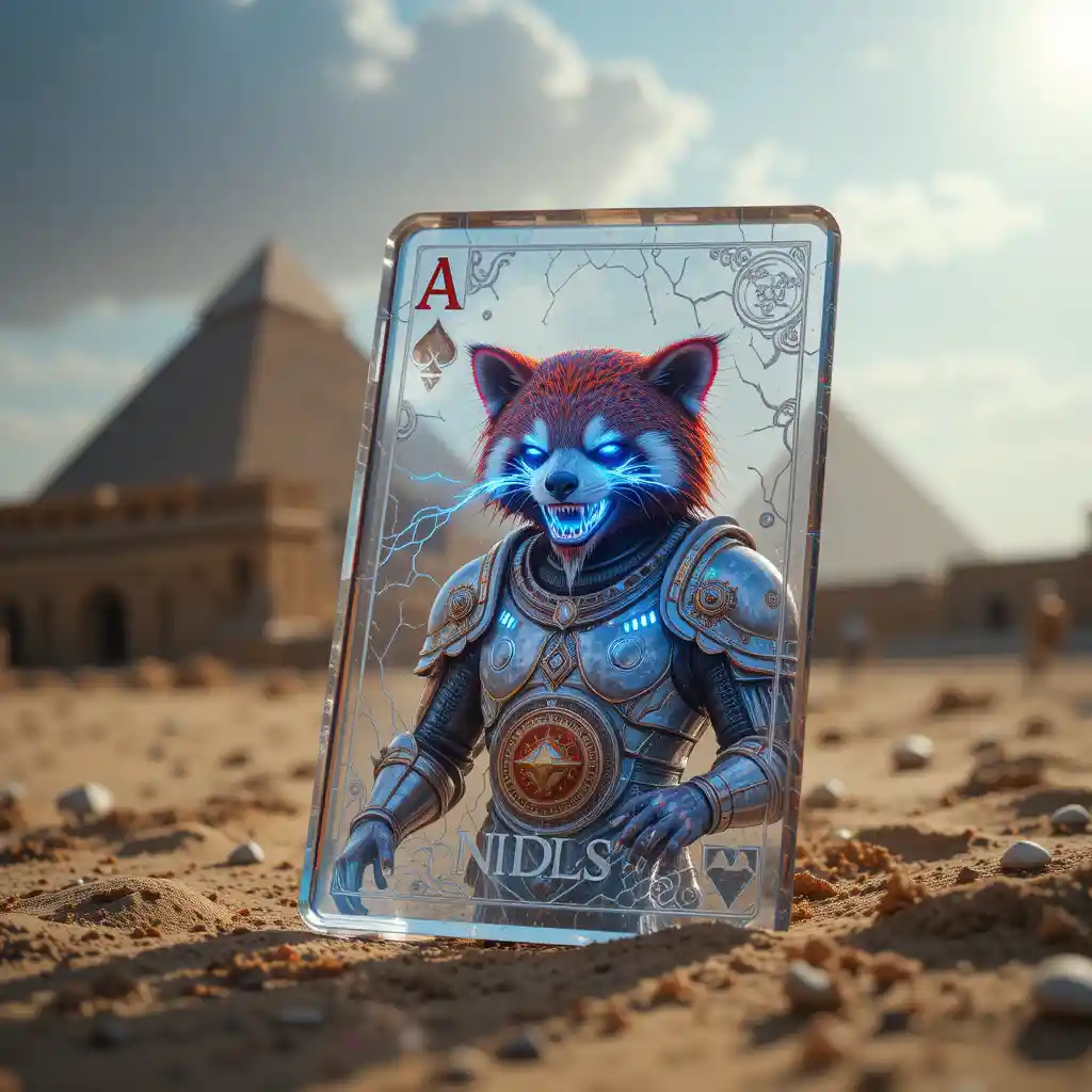 Close up crystal card with armored red panda in desert
