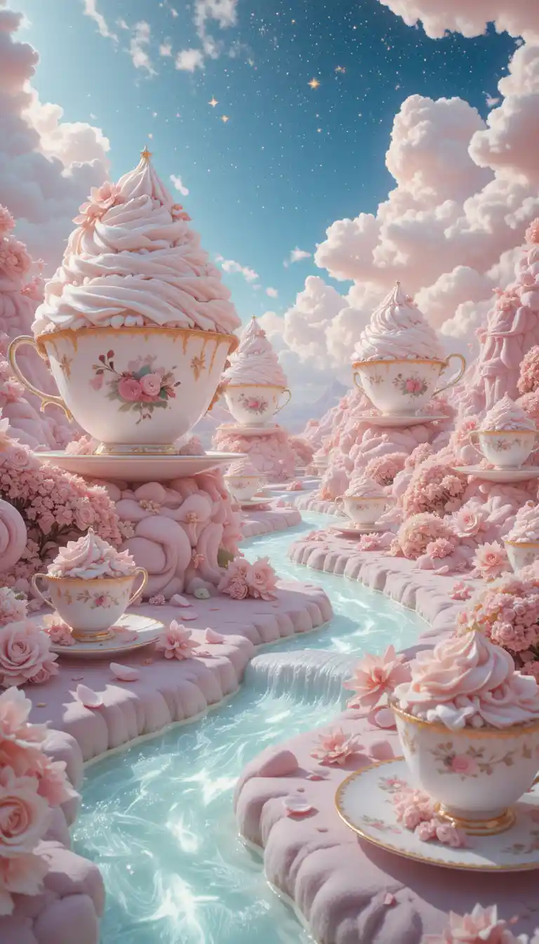 Surreal Dessert Landscape With Giant Teacup Cakes