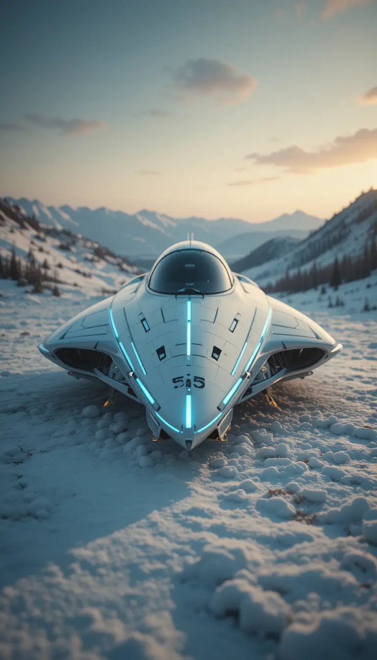 Futuristic white spacecraft glowing over a snowy landscape