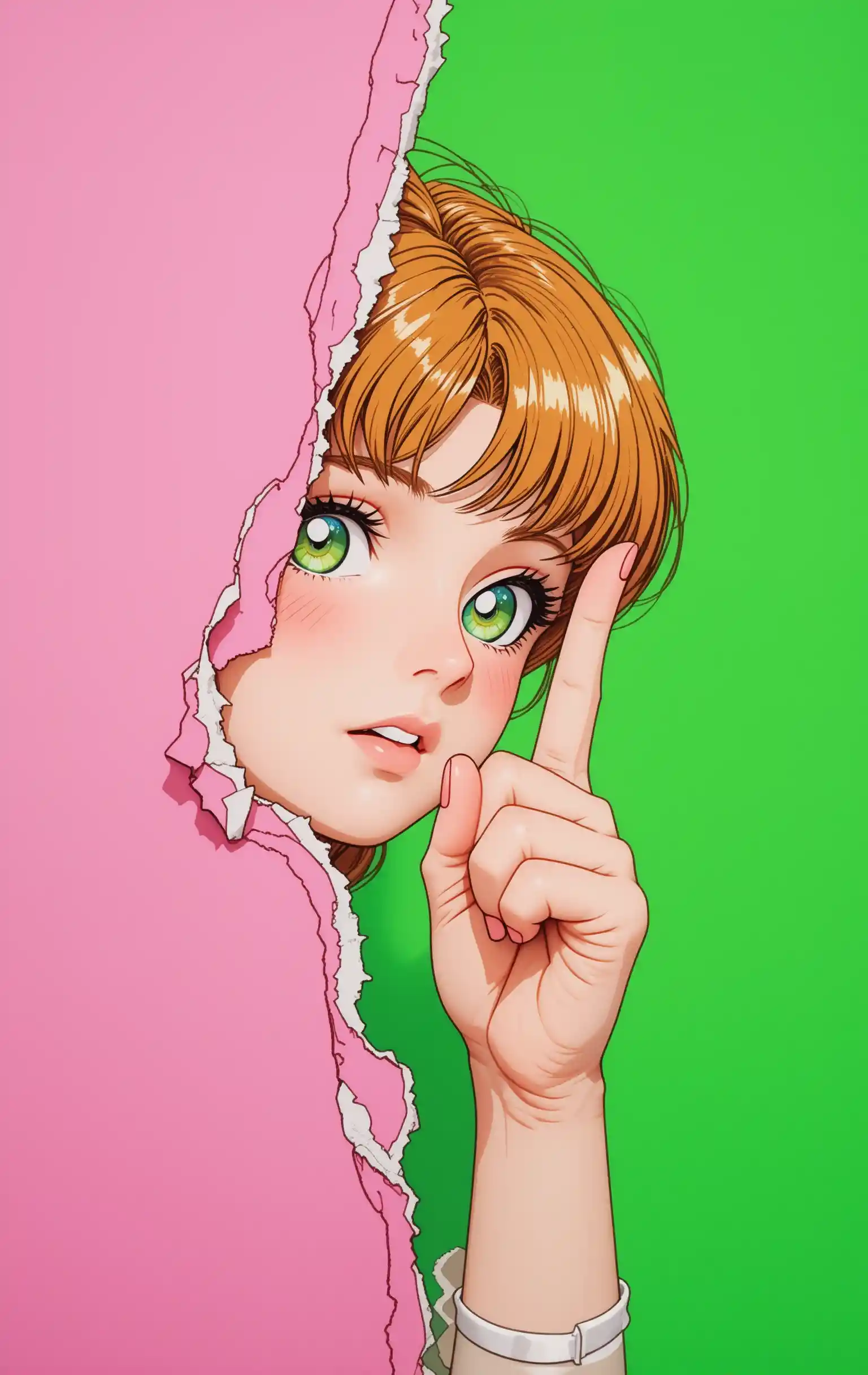 Anime girl peeking through fingers beside pink torn paper