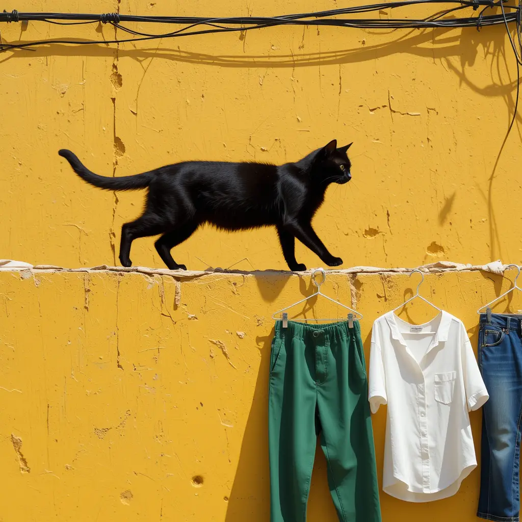 Black cat walking past a sunny yellow wall outdoors