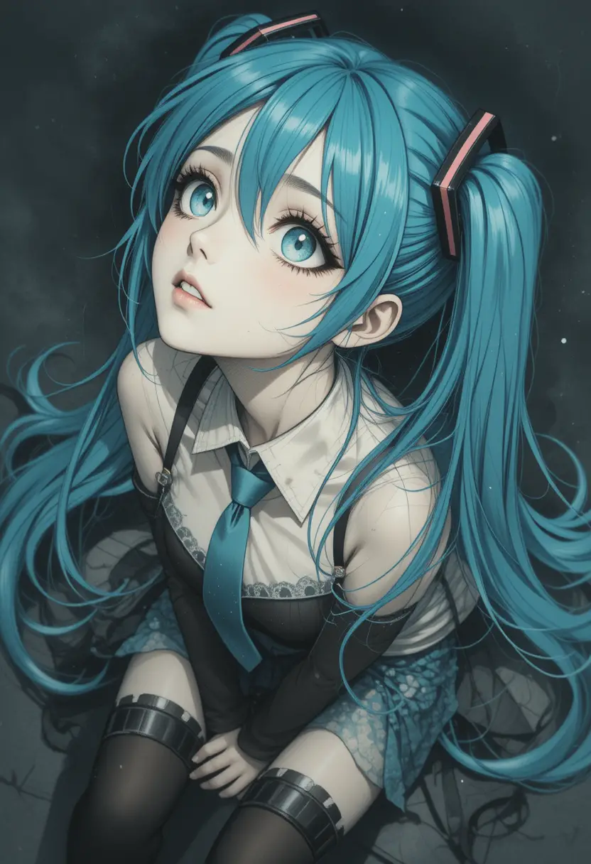 Anime girl portrait in graphite with dark foggy background