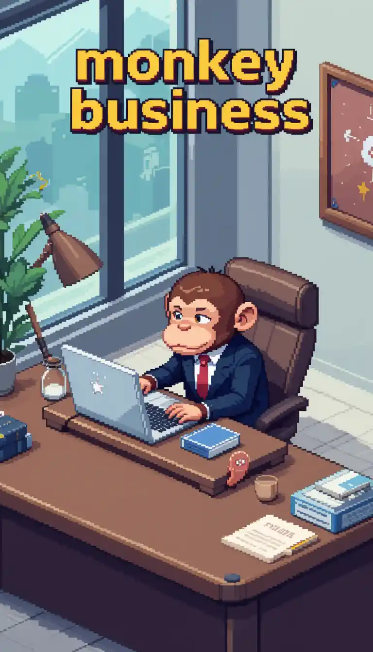 Scimmia carina in pixel art in giacca e cravatta alla scrivania d’ufficio