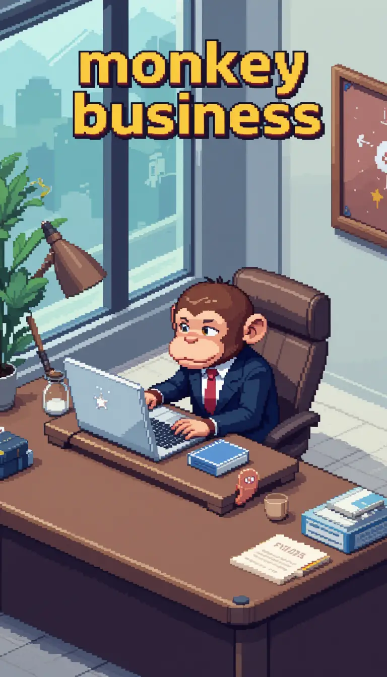 Cute pixel art monkey in a suit at office desk