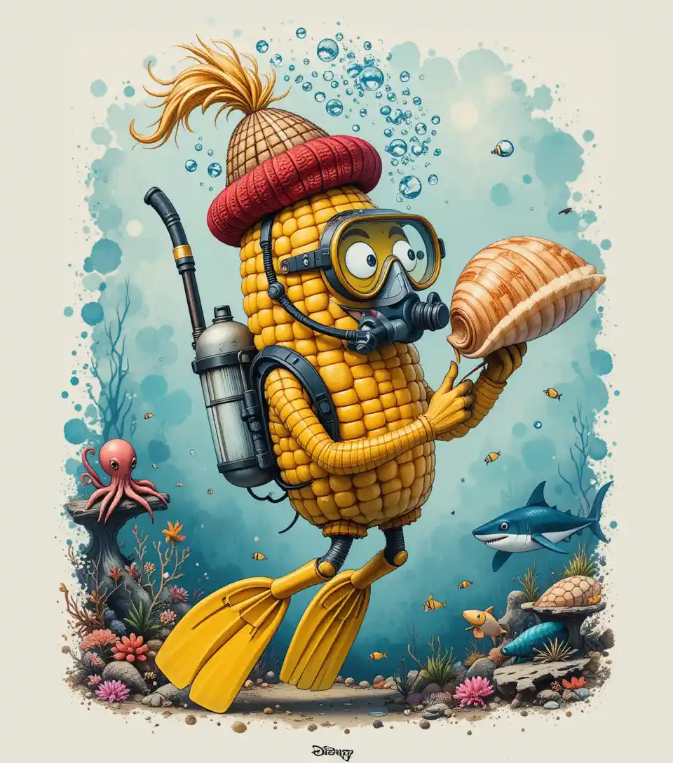 Happy scuba diving corn with sea creatures underwater