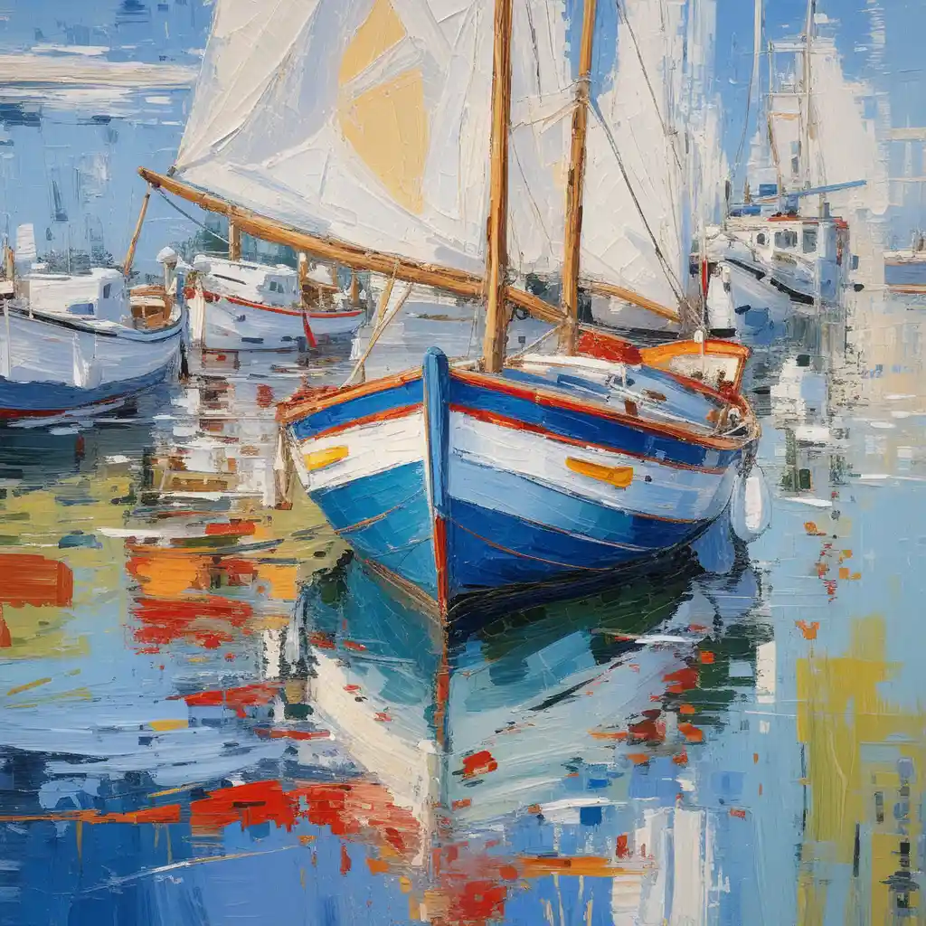 Colorful boats in a sunny impressionist harbor painting