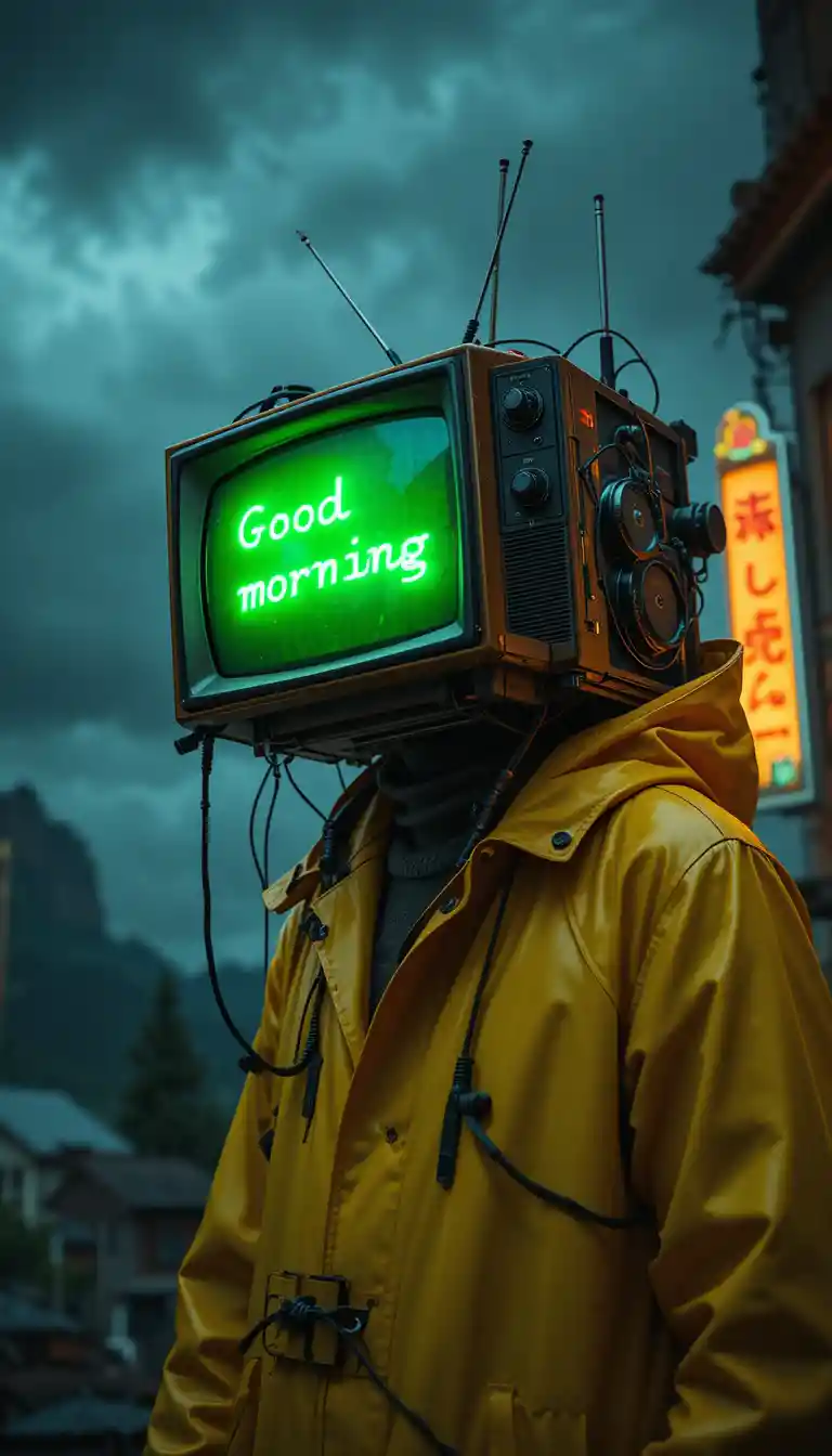 Humanoid robot with tv head in yellow raincoat outdoors